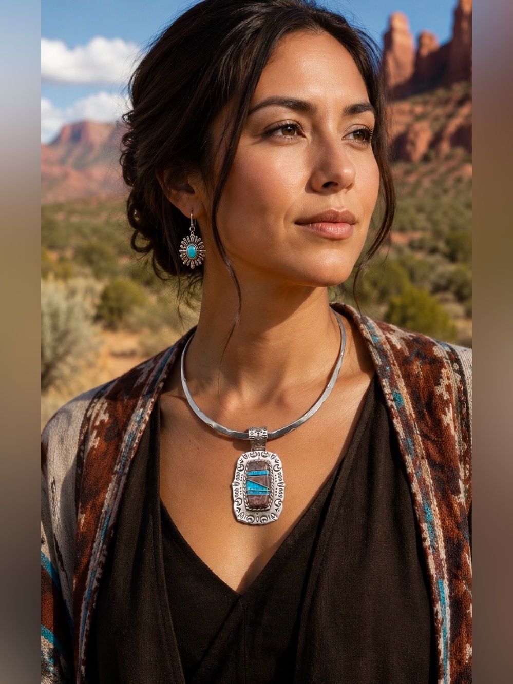 Navajo Sterling Silver Wild Horse Turquoise Lab Opal Multi Stone Inlay Necklace